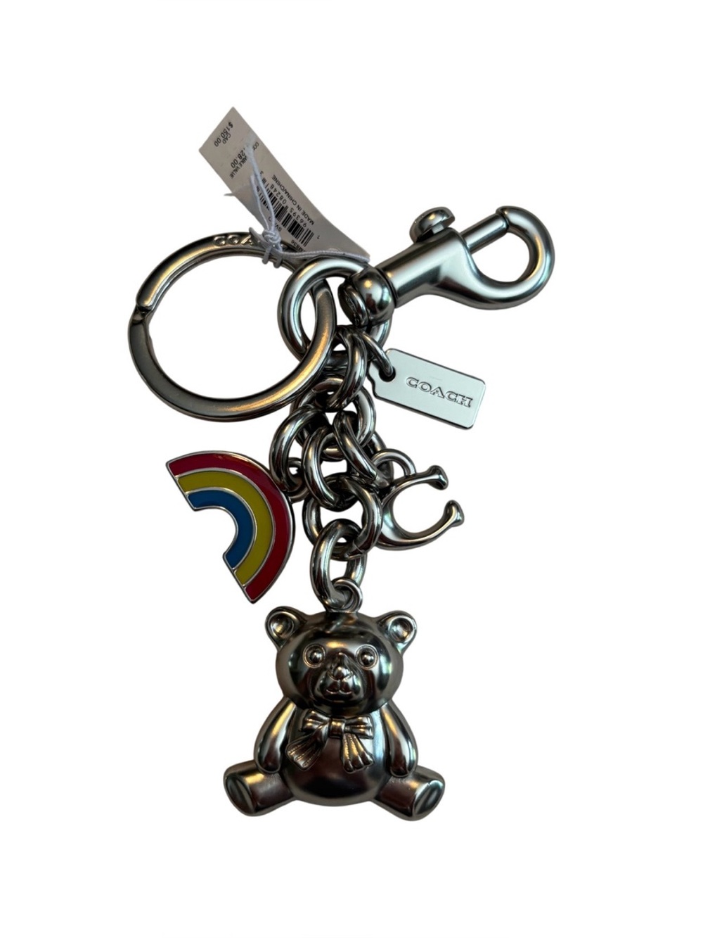 Coach bear rainbow cluster bag charm keychain with metal hangtag NWT